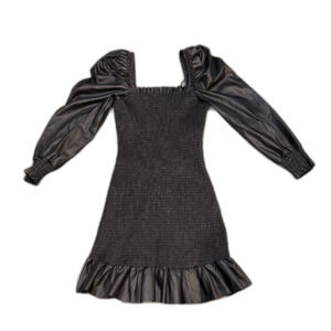 7 For All Mankind Black Smocked Faux Leather Puff Sleeve Mini Dress – Size XS